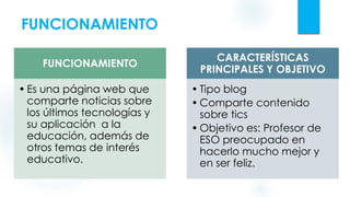 FUNCIONAMIENTO
• Analiza su funcionamiento
características principales y objetivo.
Identifica 3 ventajas y desventajas de cada uno.
Explica e ilustra tus ideas.
FUNCIONAMIENTO
• Es una página web que
comparte noticias sobre
los últimos tecnologías y
su aplicación a la
educación, además de
otros temas de interés
educativo.
CARACTERÍSTICAS
PRINCIPALES Y OBJETIVO
• Tipo blog
• Comparte contenido
sobre tics
• Objetivo es: Profesor de
ESO preocupado en
hacerlo mucho mejor y
en ser feliz.
 