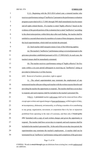 HB NO. 974                                                                     ENROLLED

1                  C.(1) Beginning with the 2013-2014 school year, a tenured teacher who

2           receives a performance rating of "ineffective" pursuant to the performance evaluation

3           program as provided in R.S. 17:3881 through 3905 shall immediately lose his tenure

4           and all rights related thereto. If a teacher is rated "highly effective" based on the

5           evidence of the growth portion of the evaluation but is rated "ineffective" according

6           to the observation portion, within thirty days after such finding, the teacher shall be

7           entitled to a second observation by members of a team of three designees, chosen by

8           the local superintendent, which shall not include the principal.

9                  (2) Such teacher shall reacquire tenure if any of the following applies:

10                 (a) The teacher's "ineffective" performance rating is reversed pursuant to the

11          grievance procedure established pursuant to R.S. 17:3883(A)(5). In such case, the

12          teacher's tenure shall be immediately reinstated.

13                 (b) The teacher receives a performance rating of "highly effective" for five

14          years within a six-year period subsequent to receiving an "ineffective" rating as

15          provided in Subsection A of this Section.

16          §443. Removal of teachers; procedure; right to appeal

17                 A.    The school superintendent may terminate the employment of any

18          nontenured teacher after providing such teacher with the written reasons therefor and

19          providing the teacher the opportunity to respond. The teacher shall have seven days

20          to respond, and such response shall be included in the teacher's personnel file.

21                 A.B.(1) A permanent teacher with tenure shall not be removed from office

22          except upon written and signed charges of poor performance, willful neglect of duty,

23          or incompetency, dishonesty, or immorality, or of being a member of or contributing

24          to any group, organization, movement, or corporation that is by law or injunction

25          prohibited from operating in the state of Louisiana, and then only if found guilty

26          after furnished with a copy of such written charges and given the opportunity to

27          respond. The teacher shall have seven days to respond, and such response shall be

28          included in the teacher's personnel file. At the end of this seven-day time period, the

29          superintendent may terminate the teacher's employment. A teacher shall not be

30          terminated for an "ineffective" performance rating until completion of the grievance


                                            Page 11 of 14

     CODING: Words in struck through type are deletions from existing law; words underscored
     are additions.
 