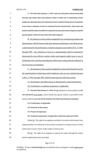 HB NO. 974                                                                     ENROLLED

1                  C. Not later than January 1, 1987, each city and parish school board shall

2           develop and adopt rules and policies which it shall use in dismissing school

3           employees other than those for which provision is made in Subsections (A) and (B),

4           at any time a reduction in force is instituted by the school board. Such rules and

5           policies shall be made available for inspection by any such school employee and the

6           general public within ten days after their final adoption.

7                  B. All reduction in force policies adopted for use in dismissing teachers and

8           administrators shall be based solely upon demand, performance, and effectiveness,

9           as determined by the performance evaluation program as provided in R.S. 17:3881

10          through 3905. Any reduction in force by a superintendent shall be instituted by

11          dismissing the least effective teacher within each targeted subject area or area of

12          certification first, and then proceeding by effectiveness rating until the reduction in

13          force has been accomplished.

14                 C. All reduction in force policies adopted by a local school board for use by

15          the superintendent in dismissing school employees who are not evaluated pursuant

16          to R.S. 17:3881 through 3905, shall be based upon the following criteria:

17                 (1) Performance and effectiveness as determined by school board policy.

18                 (2) Certification or academic preparation, if applicable.

19                 D. Not later than January 1, 1996, all All reduction in force policies of the

20          city and parish local public school boards and special schools as provided in this

21          Section shall include but not be limited to the following minimum standards:

22                 (1) Certification, if applicable.

23                 (2) Seniority in the system.

24                 (3) Tenure of employees.

25                 (4) Academic preparation, if applicable, within the employee's field.

26                 (5) (a) (1) The right of an employee notified of an action which results from

27          implementation of a reduction in force policy to request in writing a review of such

28          action and to receive notice of the results of such review.

29                 (b) (2) The right of an employee to pursue the matter through the school

30          board's adopted grievance procedure.


                                            Page 6 of 14

     CODING: Words in struck through type are deletions from existing law; words underscored
     are additions.
 