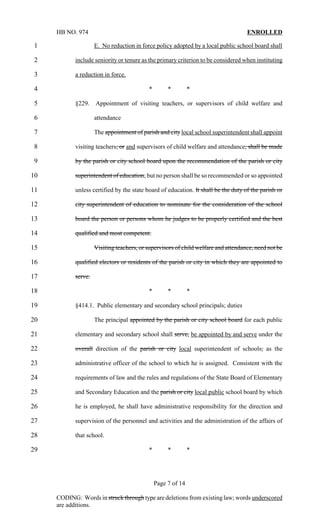 HB NO. 974                                                                     ENROLLED

1                    E. No reduction in force policy adopted by a local public school board shall

2           include seniority or tenure as the primary criterion to be considered when instituting

3           a reduction in force.

4                                          *        *         *

5           §229.    Appointment of visiting teachers, or supervisors of child welfare and

6                    attendance

7                    The appointment of parish and city local school superintendent shall appoint

8           visiting teachers, or and supervisors of child welfare and attendance, shall be made

9           by the parish or city school board upon the recommendation of the parish or city

10          superintendent of education; but no person shall be so recommended or so appointed

11          unless certified by the state board of education. It shall be the duty of the parish or

12          city superintendent of education to nominate for the consideration of the school

13          board the person or persons whom he judges to be properly certified and the best

14          qualified and most competent.

15                   Visiting teachers, or supervisors of child welfare and attendance, need not be

16          qualified electors or residents of the parish or city in which they are appointed to

17          serve.

18                                         *        *         *

19          §414.1. Public elementary and secondary school principals; duties

20                   The principal appointed by the parish or city school board for each public

21          elementary and secondary school shall serve, be appointed by and serve under the

22          overall direction of the parish or city local superintendent of schools, as the

23          administrative officer of the school to which he is assigned. Consistent with the

24          requirements of law and the rules and regulations of the State Board of Elementary

25          and Secondary Education and the parish or city local public school board by which

26          he is employed, he shall have administrative responsibility for the direction and

27          supervision of the personnel and activities and the administration of the affairs of

28          that school.

29                                         *        *         *




                                               Page 7 of 14

     CODING: Words in struck through type are deletions from existing law; words underscored
     are additions.
 