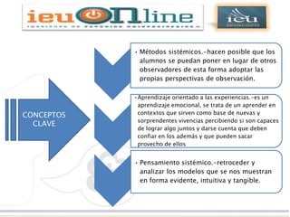 Dirección General de Educación Superior
Tecnológica


                                 • Métodos sistémicos.-hacen posible que los
                                   alumnos se puedan poner en lugar de otros
                                   observadores de esta forma adoptar las
                                   propias perspectivas de observación.

                                 •Aprendizaje orientado a las experiencias.-es un
                                  aprendizaje emocional, se trata de un aprender en
   CONCEPTOS                      contextos que sirven como base de nuevas y
                                  sorprendentes vivencias percibiendo si son capaces
     CLAVE
                                  de lograr algo juntos y darse cuenta que deben
                                  confiar en los además y que pueden sacar
                                  provecho de ellos


                                 • Pensamiento sistémico.-retroceder y
                                   analizar los modelos que se nos muestran
                                   en forma evidente, intuitiva y tangible.
 