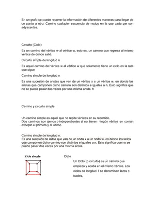En un grafo se puede recorrer la información de diferentes maneras para llegar de
un punto a otro. Camino cualquier secuencia de nodos en la que cada par son
adyacentes.
Circuito (Ciclo)
Es un camino del vértice w al vértice w, esto es, un camino que regresa al mismo
vértice de donde salió.
Circuito simple de longitud n
Es aquel camino del vértice w al vértice w que solamente tiene un ciclo en la ruta
que sigue
Camino simple de longitud n
Es una sucesión de aristas que van de un vértice x a un vértice w, en donde las
aristas que componen dicho camino son distintos e iguales a n, Esto significa que
no se puede pasar dos veces por una misma arista. h
Camino y circuito simple
Un camino simple es aquel que no repite vértices en su recorrido.
Dos caminos son ajenos o independientes si no tienen ningún vértice en común
excepto el primero y el último.
Camino simple de longitud n.
Es una sucesión de lados que van de un nodo x a un nodo w, en donde los lados
que componen dicho camino son distintos e iguales a n. Esto significa que no se
puede pasar dos veces por una misma arista.
Ciclo
Un Ciclo (o circuito) es un camino que
empieza y acaba en el mismo vértice. Los
ciclos de longitud 1 se denominan lazos o
bucles.
 