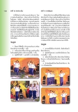 ท่าที่ 10 ท่าบัวกางใบ
	 ท่านี้เป็นท่าการบริหารแบบท่าเต้นเบาๆ โดย
การขยับเท้าสลับไปมา เริ่มจากเท้าขวาไปเท้าซ้าย
ในลักษณะ “ย่อชิด” คล้ายๆกับท่าเต้นแบบสลับเท้า
ท่านี้เริ่มจากการยืนในท่าตัวตรง ปลายเท้าเสมอกัน
เว้นระยะห่างกันเพียงเล็กน้อย จากนั้นยกเท้าขวามา
ชิดเท้าซ้าย พร้อมกับใช้มือทั้ง 2 ข้างกระทบกันเบาๆ
จากนั้นยกเท้าขวามาชิดเท้าซ้ายให้ใช้มือทั้งสองข้าง
กระทบกัน โดยให้มือทั้งสองข้างอยู่ในท่าจีบ จากนั้น
ให้นำ�มือซ้ายทับมือขวา (มือซ้ายจีบหงายมือขวาจีบ
คว่ำ�) หากยกเท้าซ้ายมาชิดเท้าขวาให้มือขวาอยู่ใน
ท่าตั้งวงสูงส่วนมือซ้ายวาดออกไปข้างลำ�ตัว)ทำ�สลับ
กันไปเรื่อยๆ
วิธีปฎิบัติ
	 1.	 ยืนตรง ใช้มือทั้ง 2 ข้างกระทบกันเบาๆ พร้อม
กับยกเท้าขวากระทบพื้น 1 ครั้ง
	 2.	 เหวี่ยงแขนขวาขึ้นบน ตั้งวงสูง แขนซ้ายเหวี่ยง
ไปด้านหลังข้างลำ�ตัว ขาซ้ายกระทบพื้น 1 ครั้ง
	 3.	 ปฎิบัติซ้ำ�ข้อที่ 1 และข้อที่ 2 อย่างต่อเนื่อง
ท่าที่ 11 ท่าเทียนบ่า
	 เป็นท่าบริหารร่างกายที่ยังคงไว้ซึ่งท่าเต้นเบาๆเช่น
เดียวกับท่าที่ 10 โดยการขยับเท้าสลับไปมาคล้ายๆการ
ยกแล้วชิดแบบการไขว้ขา เริ่มจากเท้าขวาไปเท้าซ้าย
แขนทั้ง 2 ข้างยกขึ้นตั้งฉากกับหัวไหล่ มือซ้ายและ
ขวาจับจีบคว่ำ�และหงายสลับกันตามการเคลื่อนไหว
ของเท้าทั้งสองข้าง เช่น ถ้ายกเท้าขวาไปชิดกับเท้า
ซ้ายในลักษณะการชิดแบบไขว้ มือขวาจะจับจีบแบบ
คว่ำ� ส่วนมือซ้ายจะจับจีบแบบหงาย กล่าวคือ หากใช้
เท้าข้างใดยกชิดก็ให้ใช้มือข้างเดียวกัน จับจีบแบบคว่ำ�
ส่วนเท้าที่เป็นขาหลักให้ใช้มือข้างเดียวกันจับจีบแบบ
หงาย การจับจีบทั้งคว่ำ�และหงายนี้จะเน้นการสะบัด
ข้อมือและการกรีดนิ้ว ตามจังหวะของเพลงประกอบ
การเต้นจะทำ�ให้การเต้นมีความสวยงามมากยิ่งขึ้น
วิธีปฎิบัติ
	 1.	 ยกแขนขึ้นตั้งฉากกับลำ�ตัว มือซ้ายจีบคว่ำ�
มือขวาจีบหงาย
	 2.	 บิดลำ�ตัวไปทางขวา ยกเท้าซ้ายไขว้ขาขวา โดย
กระทบพื้น 1 ครั้ง
	 3.	 ขยับขาซ้ายไปทางซ้าย มือขวาจีบคว่ำ�มือซ้าย
จีบหงาย ขาซ้ายนำ�ไปไขว้กับขาขวา โดยกระทบพื้น
1 ครั้ง
	 4.	 ทำ�เช่นเดิมสลับไปมาโดยเรียงลำ�ดับจาก ข้อ
1-3 ทำ�โดยต่อเนื่อง
138
 