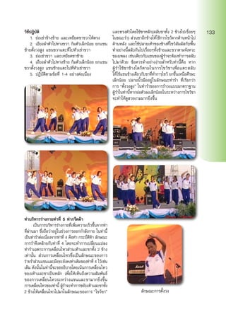 วิธีปฎิบัติ
	 1.	ย่อเข่าข้างซ้าย และเหยียดขาขวาให้ตรง
	 2.	เอียงลำ�ตัวไปทางขวา ก้มตัวเล็กน้อย ยกแขน
ซ้ายตั้งวงสูง แขนขวาแตะที่ไปหัวเข่าขวา
	 3.	ย่อเข่าขวา และเหยียดขาซ้าย
	 4.	เอียงลำ�ตัวไปทางซ้าย ก้มตัวเล็กน้อย ยกแขน
ขวาตั้งวงสูง แขนซ้ายแตะไปที่หัวเข่าขวา
	 5.	ปฎิบัติตามข้อที่ 1-4 อย่างต่อเนื่อง
ท่าบริหารร่างกายท่าที่ 5 ท่ากรีดผ้า
	 เป็นการบริหารร่างกายที่เพิ่มความเร็วขึ้นจากท่า
ที่ผ่านมา ซึ่งถือว่าอยู่ในช่วงการออกกำ�ลังกาย ในท่านี้
เป็นท่ารำ�ต่อเนื่องจากท่าที่ 4 คือท่า กระบี่ตีท้า ลักษณะ
การรำ�จึงคล้ายกับท่าที่ 4 โดยจะทำ�การเปลี่ยนแปลง
ท่ารำ�เฉพาะการเคลื่อนไหวส่วนเท้าและขาทั้ง 2 ข้าง
เท่านั้น ส่วนการเคลื่อนไหวซึ่งเป็นลักษณะของการ
ร่ายรำ�ส่วนแขนและมือจะยังคงท่าเดิมของท่าที่ 4 ไว้เช่น
เดิม ดังนั้นในท่านี้จะขออธิบายโดยเน้นการเคลื่อนไหว
ของเท้าและขาเป็นหลัก เพื่อให้เห็นถึงความสัมพันธ์
ของการเคลื่อนไหวระหว่างแขนและขามากยิ่งขึ้น
การเคลื่อนไหวของท่านี้ ผู้รำ�จะทำ�การขยับเท้าและขาทั้ง
2 ข้างให้เคลื่อนไหวไปมาในลักษณะของการ “ไขว้ขา”
และทรงตัวโดยใช้ขาหลัก(สลับขาทั้ง 2 ข้างไปเรื่อยๆ
ในขณะรำ�) ส่วนขาอีกข้างให้ใช้การไขว้จากด้านหน้าไป
ด้านหลัง และใช้ปลายเท้าของข้างที่ไขว้สัมผัสกับพื้น
ทำ�อย่างนี้สลับกันไปเรื่อยๆทั้งซ้ายและขวาตามจังหวะ
ของเพลง เช่นเดียวกับแขนของผู้รำ�จะต้องทำ�การสลับ
ไปมาด้วย ข้อควรจำ�อย่างง่ายสำ�หรับท่านี้คือ หาก
ผู้รำ�ใช้ขาข้างใดก็ตามในการไขว้ขาเพื่อแตะสลับ
ให้ใช้แขนข้างเดียวกับขาที่ทำ�การไขว้ ยกขึ้นเหนือศีรษะ
เล็กน้อย ปลายนิ้วมืออยู่ในลักษณะท่ารำ� ที่เรียกว่า
การ “ตั้งวงสูง” ในท่ารำ�ของการรำ�วงแบบมาตราฐาน
ผู้รำ�ในท่านี้หากย่อตัวลงเล็กน้อยในระหว่างการไขว้ขา
จะทำ�ให้ดูสวยงามมากยิ่งขึ้น
ลักษณะการตั้งวง
133
 