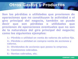 COMPANY LOGO
Otros Gastos y Productos
Son las pérdidas o utilidades que provienen de
operaciones que no constituyen la actividad o el
giro principal del negocio, también se puede
decir que son pérdidas o utilidades que
provienen de operaciones eventuales que no son
de la naturaleza del giro principal del negocio;
como los siguientes ejemplos:
1.- Pérdida o utilidad en venta de valores de activo fijo.
2.- Pérdida o utilidad en compra-venta de acciones y
valores.
3.- Dividendos de acciones que posea la empresa.
4.- Comisiones cobradas.
5.- Rentas cobradas, etc.
 