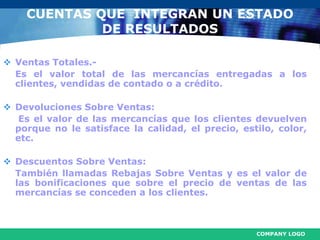 COMPANY LOGO
CUENTAS QUE INTEGRAN UN ESTADO
DE RESULTADOS
 Ventas Totales.-
Es el valor total de las mercancías entregadas a los
clientes, vendidas de contado o a crédito.
 Devoluciones Sobre Ventas:
Es el valor de las mercancías que los clientes devuelven
porque no le satisface la calidad, el precio, estilo, color,
etc.
 Descuentos Sobre Ventas:
También llamadas Rebajas Sobre Ventas y es el valor de
las bonificaciones que sobre el precio de ventas de las
mercancías se conceden a los clientes.
 
