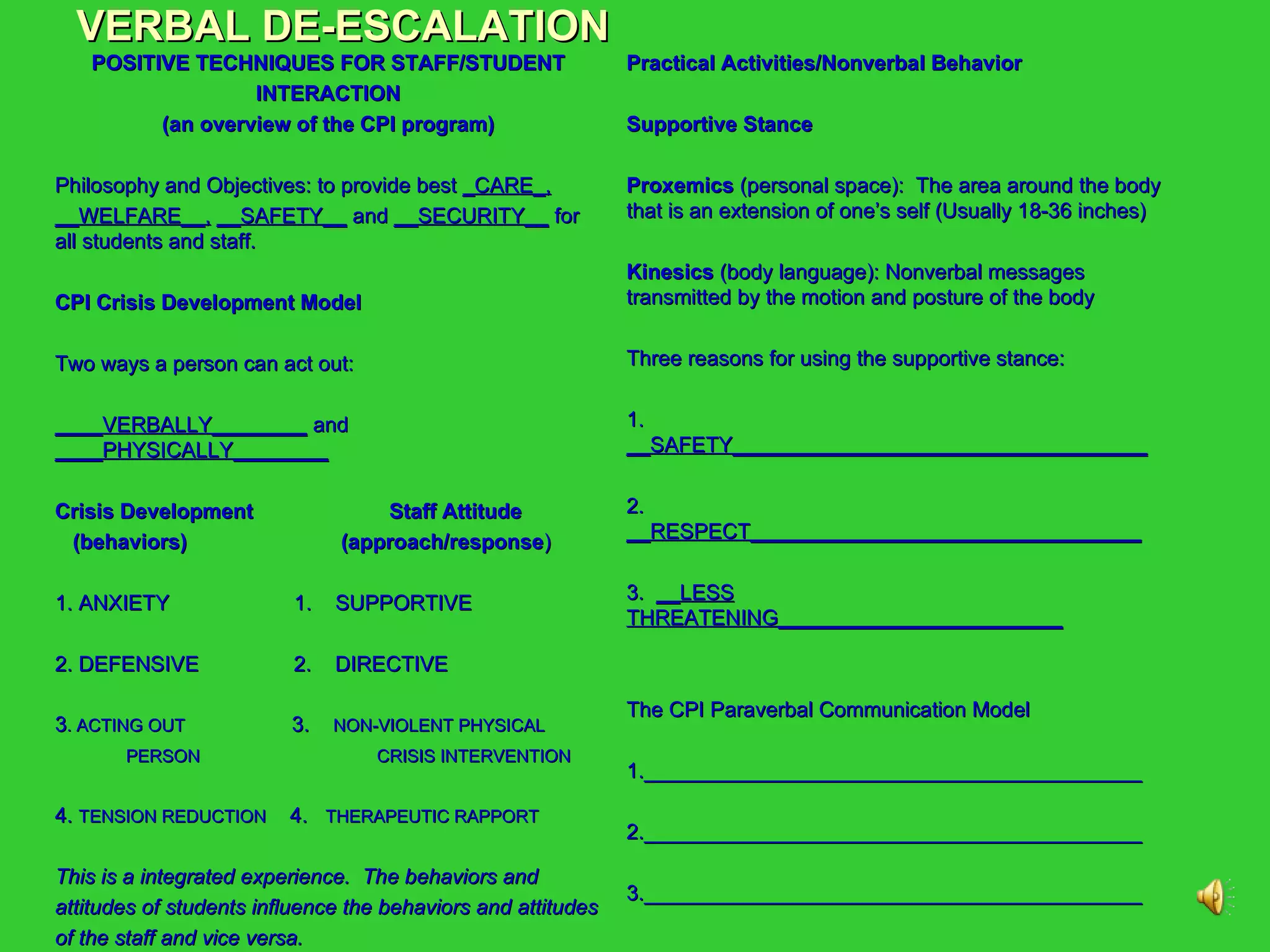 VERBAL DE-ESCALATION POSITIVE TECHNIQUES FOR STAFF/STUDENT INTERACTION (an overview of the CPI program) Philosophy and Objectives: to provide best  _CARE_, __WELFARE__,   __SAFETY__  and  __SECURITY__  for all students and staff. CPI Crisis Development Model Two ways a person can act out: ____VERBALLY________  and  ____PHYSICALLY________ Crisis Development  Staff Attitude (behaviors)  (approach/response ) 1. ANXIETY  1.  SUPPORTIVE 2. DEFENSIVE  2.  DIRECTIVE 3 . ACTING OUT   3.  NON-VIOLENT PHYSICAL PERSON  CRISIS INTERVENTION   4.  TENSION REDUCTION   4.  THERAPEUTIC RAPPORT This is a integrated experience.  The behaviors and attitudes of students influence the behaviors and attitudes of the staff and vice versa. Practical Activities/Nonverbal Behavior Supportive Stance Proxemics  (personal space):  The area around the body that is an extension of one’s self (Usually 18-36 inches) Kinesics  (body language): Nonverbal messages transmitted by the motion and posture of the body Three reasons for using the supportive stance: 1.  __SAFETY___________________________________ 2.  __RESPECT_________________________________ 3.  __LESS THREATENING________________________ The CPI Paraverbal Communication Model 1.__________________________________________ 2.__________________________________________ 3.__________________________________________ 