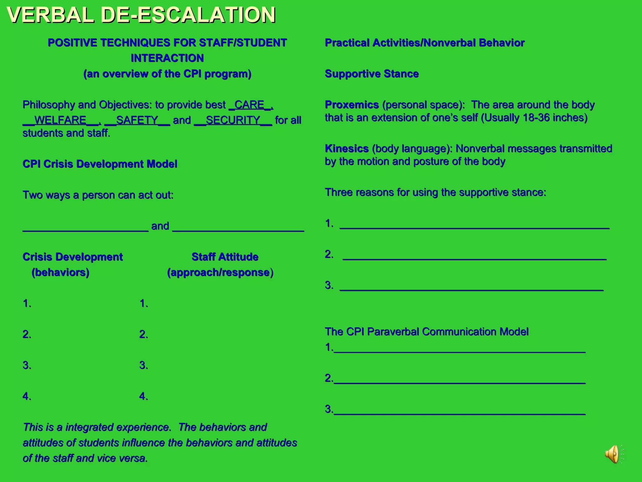 VERBAL DE-ESCALATION POSITIVE TECHNIQUES FOR STAFF/STUDENT INTERACTION (an overview of the CPI program) Philosophy and Objectives: to provide best  _CARE_, __WELFARE__,   __SAFETY__  and  __SECURITY__  for all students and staff. CPI Crisis Development Model Two ways a person can act out: _____________________ and ______________________ Crisis Development  Staff Attitude (behaviors)  (approach/response ) 1.  1. 2.  2. 3.  3. 4.  4. This is a integrated experience.  The behaviors and attitudes of students influence the behaviors and attitudes of the staff and vice versa. Practical Activities/Nonverbal Behavior Supportive Stance Proxemics  (personal space):  The area around the body that is an extension of one’s self (Usually 18-36 inches) Kinesics  (body language): Nonverbal messages transmitted by the motion and posture of the body Three reasons for using the supportive stance: 1.  _____________________________________________ 2.  ____________________________________________ 3.  ____________________________________________ The CPI Paraverbal Communication Model 1.__________________________________________ 2.__________________________________________ 3.__________________________________________ 