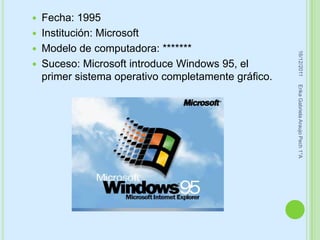    Fecha: 1995
   Institución: Microsoft
   Modelo de computadora: *******




                                                       16/12/2011
   Suceso: Microsoft introduce Windows 95, el
    primer sistema operativo completamente gráfico.




                                                      Erika Gabriela Araujo Pech 1°A
 