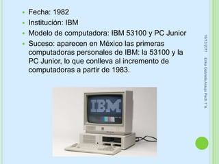    Fecha: 1982
   Institución: IBM
   Modelo de computadora: IBM 53100 y PC Junior




                                                     16/12/2011
   Suceso: aparecen en México las primeras
    computadoras personales de IBM: la 53100 y la




                                                    Erika Gabriela Araujo Pech 1°A
    PC Junior, lo que conlleva al incremento de
    computadoras a partir de 1983.
 