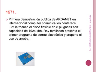 1971.




                                                          15/12/2011
   Primera demostración publica de ARDANET en
    internacional computer comunication conferece.




                                                         leidy magdalena ramon agosto. 1°D
    IBM introduce el disco flexible de 8 pulgadas con
    capacidad de 1024 kbn. Ray tomlinson presenta el
    primer programa de correo electrónico y propone el
    uso de arroba.
 