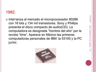 1982.




                                                           15/12/2011
   Intel lanza al mercado el microprocesador 80286
    con 16 bits y 134 mil transistores. Sony y Phillips




                                                          leidy magdalena ramon agosto. 1°D
    presenta el disco compacto de audio(CD). La
    computadora es designada “hombre del año” por la
    revista “time”. Aparece en México las primeras
    computadoras personales de IBM: la 53100 y la PC
    junior.
 