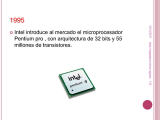 1995




                                                      15/12/2011
   Intel introduce al mercado el microprocesador
    Pentium pro , con arquitectura de 32 bits y 55




                                                     leidy magdalena ramon agosto. 1°D
    millones de transistores.
 