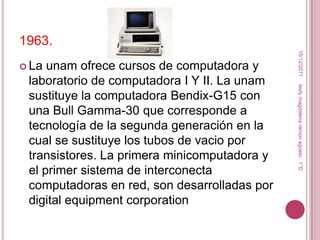 1963.




                                               15/12/2011
 La unam ofrece cursos de computadora y
 laboratorio de computadora I Y II. La unam




                                              leidy magdalena ramon agosto. 1°D
 sustituye la computadora Bendix-G15 con
 una Bull Gamma-30 que corresponde a
 tecnología de la segunda generación en la
 cual se sustituye los tubos de vacio por
 transistores. La primera minicomputadora y
 el primer sistema de interconecta
 computadoras en red, son desarrolladas por
 digital equipment corporation
 