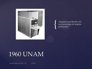 {
1960 UNAM
Adquiere una Bendix 615
con tecnología de tarjetas
perforadas.