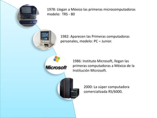1978: Llegan a México las primeras microcomputadoras
modelo: TRS - 80
1982: Aparecen las Primeras computadoras
personales, modelo: PC – Junior.
1986: Instituto Microsoft, llegan las
primeras computadoras a México de la
Institución Microsoft.
2000: La súper computadora
comercializada RS/6000.