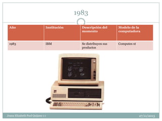 1983
Año

Institución

Descripción del
momento

Modelo de la
computadora

1983

IBM

Se distribuyen sus
productos

Computes xt

Joana Elizabeth Pool Quijano 1 c

27/11/2013

 