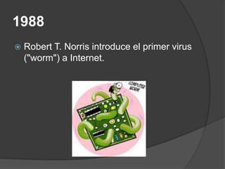 1988
   Robert T. Norris introduce el primer virus
    ("worm") a Internet.
 