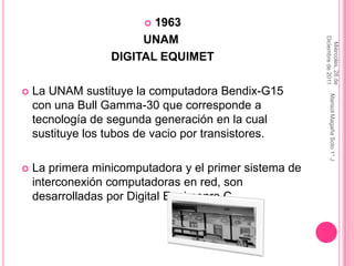 1963
                       UNAM




                                                        Diciembre de 2011
                                                          Miércoles, 28 de
                  DIGITAL EQUIMET

   La UNAM sustituye la computadora Bendix-G15




                                                            Marisol Magaña Soto 1° J
    con una Bull Gamma-30 que corresponde a
    tecnología de segunda generación en la cual
    sustituye los tubos de vacio por transistores.

   La primera minicomputadora y el primer sistema de
    interconexión computadoras en red, son
    desarrolladas por Digital Equimenre C.
 
