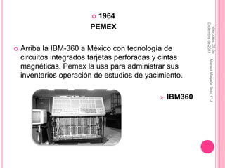  1964




                                                           Diciembre de 2011
                         PEMEX




                                                             Miércoles, 28 de
   Arriba la IBM-360 a México con tecnología de
    circuitos integrados tarjetas perforadas y cintas




                                                               Marisol Magaña Soto 1° J
    magnéticas. Pemex la usa para administrar sus
    inventarios operación de estudios de yacimiento.

                                                 IBM360
 