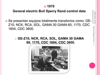 1970
      General electric Bull Sperry Rand control data




                                                             Diciembre de 2011
                                                               Miércoles, 28 de
   Se presentan equipos totalmente transitorios como: GE-
    Z10, NCK, RCA, SOL, GAMA 30 GAMA 60, 1170, CDC




                                                                 Marisol Magaña Soto 1° J
    1604, CDC 3600.

           GE-Z10, NCK, RCA, SOL, GAMA 30 GAMA
                60, 1170, CDC 1604, CDC 3600.
 