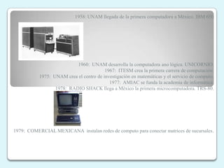 1958: UNAM llegada de la primera computadora a México. IBM 650




                           1960: UNAM desarrolla la computadora ano lógica. UNICORNIO.
                                         1967: ITESM crea la primera carrera de computación.
           1975: UNAM crea el centro de investigación en matemáticas y el servicio de computo.
                                           1977: AMIAC se funda la academia de informática.
                  1978: RADIO SHACK llega a México la primera microcomputadora. TRS-80.




1979: COMERCIAL MEXICANA instalan redes de computo para conectar matrices de sucursales.
 