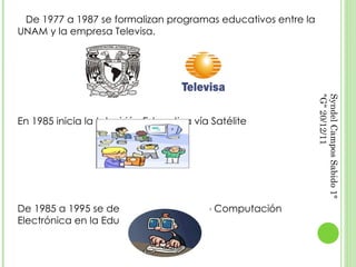 De 1977 a 1987 se formalizan programas educativos entre la UNAM y la empresa Televisa. En 1985 inicia la televisión Educativa vía Satélite De 1985 a 1995 se desarrolla el proyecto Computación Electrónica en la Educación Básica. Syndel Campos Sabido 1° "G" 20/12/11 