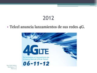 2012 
• Telcel anuncia lanzamientos de sus redes 4G. 
Ana Julia Suárez 
Rodríguez 1° B 
08/12/14 
