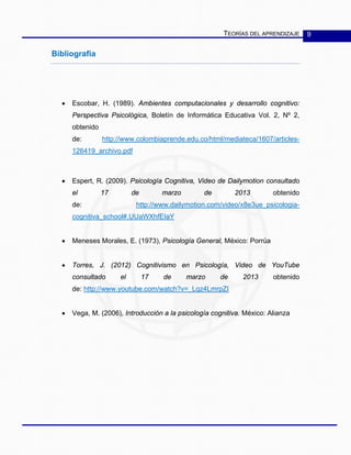 TEORÍAS DEL APRENDIZAJE 9
Bibliografía
• Escobar, H. (1989). Ambientes computacionales y desarrollo cognitivo:
Perspectiva Psicológica, Boletín de Informática Educativa Vol. 2, Nº 2,
obtenido
de: http://www.colombiaprende.edu.co/html/mediateca/1607/articles-
126419_archivo.pdf
• Espert, R. (2009). Psicología Cognitiva, Video de Dailymotion consultado
el 17 de marzo de 2013 obtenido
de: http://www.dailymotion.com/video/x8e3ue_psicologia-
cognitiva_school#.UUaWXhfEIaY
• Meneses Morales, E. (1973), Psicología General, México: Porrúa
• Torres, J. (2012) Cognitivismo en Psicología, Video de YouTube
consultado el 17 de marzo de 2013 obtenido
de: http://www.youtube.com/watch?v=_Lqz4LmrpZI
• Vega, M. (2006), Introducción a la psicología cognitiva. México: Alianza
 