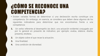 ¿CÓMO SE RECONOCE UNA
COMPETENCIA?
• Existen variadas formas de determinar si una declaración escrita constituye una
competencia. Sin embargo, en esencia, se considera que deben darse algunos de los
siguientes indicadores para determinar que nos encontramos frente a una
competencia:
1. Un verbo referente al desempeño (es decir, una actuación evidente) conjugado por
por lo general en presente de indicativo; por ejemplo: evalúa, elabora, diseña,
presenta, etcétera.
2. Un objeto sobre el que recae la actuación.
3. Una finalidad.
4. Una condición de idoneidad.
 