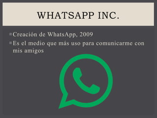 Creación de WhatsApp, 2009
Es el medio que más uso para comunicarme con
mis amigos
WHATSAPP INC.
 