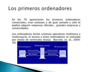En los 70 aparecieron los primeros ordenadores 
comerciales, eran costosos y de gran tamaño y solo lo 
podían adquirir empresas oficiales , grandes empresas y 
universidades. 
Los ordenadores tenían sistemas operativos multitarea y 
multiusuario, el acceso a estos ordenadores se realizaba 
por medio de terminales brutas (Barceló, et. al., 2004: 
26) 
 