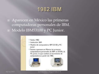 Aparecen en México las primeras
computadoras personales de IBM.
 Modelo IBM53100 y PC Junior.
04/12/2015 Joshua Ulises Moguel Noh 1° F
 