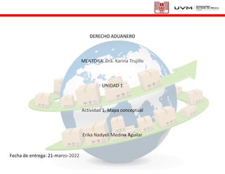 DERECHO ADUANERO
MENTORA: Dra. Karina Trujillo
UNIDAD 1
Actividad 1. Mapa conceptual
Erika Nadyeli Medina Aguilar
Fecha de entrega: 21-marzo-2022
 