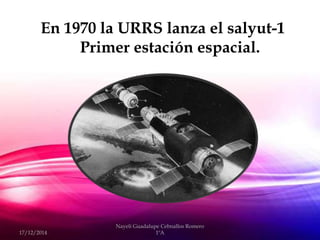 En 1970 la URRS lanza el salyut-1
Primer estación espacial.
17/12/2014
Nayeli Guadalupe Cebnallos Romero
1ºA
 