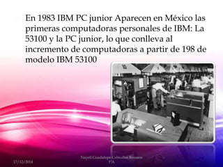  En 1983 IBM PC junior Aparecen en México las
primeras computadoras personales de IBM: La
53100 y la PC junior, lo que conlleva al
incremento de computadoras a partir de 198 de
modelo IBM 53100
17/12/2014
Nayeli Guadalupe Cebnallos Romero
1ºA
 