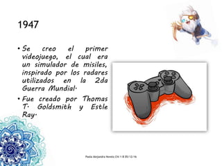 1947
• Se creo el primer
videojuego, el cual era
un simulador de misiles,
inspirado por los radares
utilizados en la 2da
Guerra Mundial.
• Fue creado por Thomas
T. Goldsmith y Estle
Ray.
Paola Alejandra Novelo Chi 1-B 05/12/16
 
