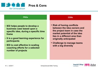Pros & Cons


                 PROs                                                    CONs



• IED helps people to develop a                        • Risk of having conflicts
  business case based upon a                               between the idea owners and
  specific idea, during a specific time                    the project team in case the
  frame                                                    market potential of the idea
                                                           lies in a different area than
• It is a good learning experience for                     originally anticipated
  participants
                                                       • Challenge to manage teams
• IED is cost effective in scaling                         with a big diversity
  coaching efforts for a selected
  number of projects




19 | 03/2011                         Entrepreneurial Skills Training
 
