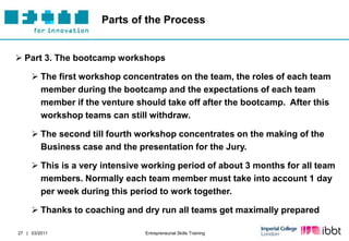 Parts of the Process


 Part 3. The bootcamp workshops

      The first workshop concentrates on the team, the roles of each team
       member during the bootcamp and the expectations of each team
       member if the venture should take off after the bootcamp. After this
       workshop teams can still withdraw.

      The second till fourth workshop concentrates on the making of the
       Business case and the presentation for the Jury.

      This is a very intensive working period of about 3 months for all team
       members. Normally each team member must take into account 1 day
       per week during this period to work together.

      Thanks to coaching and dry run all teams get maximally prepared

27 | 03/2011                    Entrepreneurial Skills Training
 