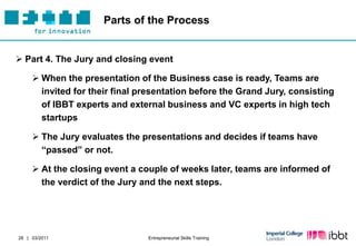Parts of the Process


 Part 4. The Jury and closing event

      When the presentation of the Business case is ready, Teams are
       invited for their final presentation before the Grand Jury, consisting
       of IBBT experts and external business and VC experts in high tech
       startups

      The Jury evaluates the presentations and decides if teams have
       “passed” or not.

      At the closing event a couple of weeks later, teams are informed of
       the verdict of the Jury and the next steps.




28 | 03/2011                    Entrepreneurial Skills Training
 