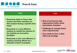 Pros & Cons


                   PROs                                                    CONs



  • Bootcamp helps to focus idea
     owners and team members on                            • Risk of having too high
     their project during a specific time                     expectations within some
     frame                                                    teams/team members

  • Bootcamp is a very effective                           • Challenge to manage teams
     medium to market the mission of                          with a big diversity
     the institute as innovation                           • One needs to have a clear
     facilitator                                              follow-up strategy
  • Bootcamp is also cost effective in
     scaling coaching efforts for a
     selected number of projects



33 | 03/2011                          Entrepreneurial Skills Training
 