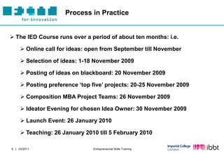Process in Practice


 The IED Course runs over a period of about ten months: i.e.

      Online call for ideas: open from September till November

      Selection of ideas: 1-18 November 2009

      Posting of ideas on blackboard: 20 November 2009

      Posting preference „top five‟ projects: 20-25 November 2009

      Composition MBA Project Teams: 26 November 2009

      Ideator Evening for chosen Idea Owner: 30 November 2009

      Launch Event: 26 January 2010

      Teaching: 26 January 2010 till 5 February 2010

6 | 03/2011                    Entrepreneurial Skills Training
 