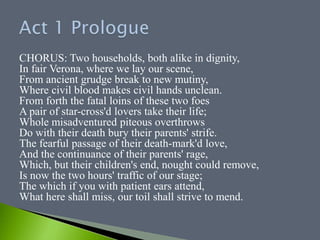 CHORUS: Two households, both alike in dignity,
In fair Verona, where we lay our scene,
From ancient grudge break to new mutiny,
Where civil blood makes civil hands unclean.
From forth the fatal loins of these two foes
A pair of star-cross'd lovers take their life;
Whole misadventured piteous overthrows
Do with their death bury their parents' strife.
The fearful passage of their death-mark'd love,
And the continuance of their parents' rage,
Which, but their children's end, nought could remove,
Is now the two hours' traffic of our stage;
The which if you with patient ears attend,
What here shall miss, our toil shall strive to mend.