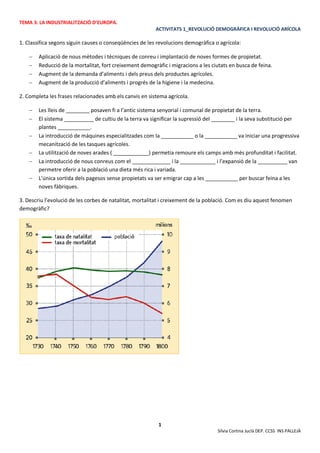 TEMA 3: LA INDUSTRIALITZACIÓ D’EUROPA.
ACTIVITATS 1_REVOLUCIÓ DEMOGRÀFICA I REVOLUCIÓ ARÍCOLA
1
Sílvia Cortina Juclà DEP. CCSS INS PALLEJÀ
1. Classifica segons siguin causes o conseqüències de les revolucions demogràfica o agrícola:
- Aplicació de nous mètodes i tècniques de conreu i implantació de noves formes de propietat.
- Reducció de la mortalitat, fort creixement demogràfic i migracions a les ciutats en busca de feina.
- Augment de la demanda d’aliments i dels preus dels productes agrícoles.
- Augment de la producció d’aliments i progrés de la higiene i la medecina.
2. Completa les frases relacionades amb els canvis en sistema agrícola.
- Les lleis de ________ posaven fi a l’antic sistema senyorial i comunal de propietat de la terra.
- El sistema __________ de cultiu de la terra va significar la supressió del ________ i la seva substitució per
plantes ___________.
- La introducció de màquines especialitzades com la ___________ o la ___________ va iniciar una progressiva
mecanització de les tasques agrícoles.
- La utilització de noves arades ( ____________) permetia remoure els camps amb més profunditat i facilitat.
- La introducció de nous conreus com el _____________ i la ____________ i l’expansió de la __________ van
permetre oferir a la població una dieta més rica i variada.
- L’única sortida dels pagesos sense propietats va ser emigrar cap a les ___________ per buscar feina a les
noves fàbriques.
3. Descriu l’evolució de les corbes de natalitat, mortalitat i creixement de la població. Com es diu aquest fenomen
demogràfic?
 