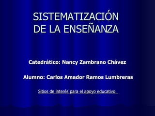 SISTEMATIZACIÓN  DE LA ENSEÑANZA  Catedrático: Nancy Zambrano Chávez  Alumno: Carlos Amador Ramos Lumbreras Sitios de interés para el apoyo educativo.  