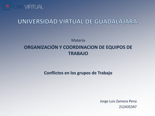 Materia
ORGANIZACIÓN Y COORDINACION DE EQUIPOS DE
TRABAJO
Conflictos en los grupos de Trabajo
Jorge Luis Zamora Pena
212435347
 