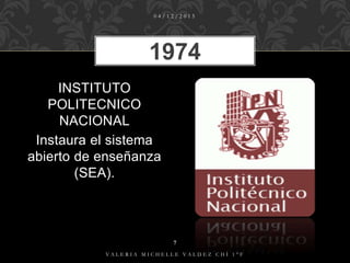 INSTITUTO
POLITECNICO
NACIONAL
Instaura el sistema
abierto de enseñanza
(SEA).
0 4 / 1 2 / 2 0 1 5
7
V A L E R I A M I C H E L L E V A L D E Z C H Í 1 ° F
1974
 