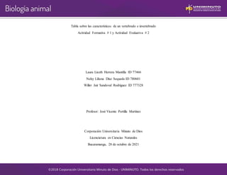Tabla sobre las características de un vertebrado e invertebrado
Actividad Formativa # 1 y Actividad Evaluativa # 2
Laura Liceth Herrera Mantilla ID 77466
Nelsy Liliana Díaz Sequeda ID 780601
Willer Jair Sandoval Rodríguez ID 777328
Profesor: José Vicente Portilla Martínez
Corporación Universitaria Minuto de Dios
Licenciatura en Ciencias Naturales
Bucaramanga, 28 de octubre de 2021
 