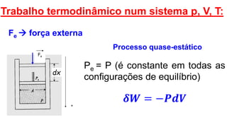 Trabalho termodinâmico num sistema p, V, T:
Fe  força externa
Fe
+
dx
Processo quase-estático
Pe = P (é constante em todas as
configurações de equilíbrio)
𝜹𝑾 = −𝑷𝒅𝑽
 
