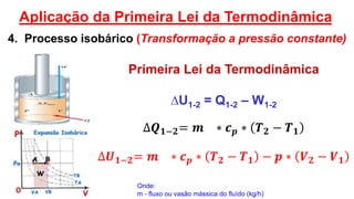 Primeira Lei da Termodinâmica
∆U1-2 = Q1-2 – W1-2
∆𝑸 𝟏−𝟐= 𝒎 ∗ 𝒄 𝒑 ∗ 𝑻 𝟐 − 𝑻 𝟏
∆𝑼 𝟏−𝟐= 𝒎 ∗ 𝒄 𝒑 ∗ 𝑻 𝟐 − 𝑻 𝟏 − 𝒑 ∗ 𝑽 𝟐 − 𝑽 𝟏
4. Processo isobárico (Transformação a pressão constante)
Aplicação da Primeira Lei da Termodinâmica
Onde:
m - fluxo ou vasão mássica do fluído (kg/h)
 